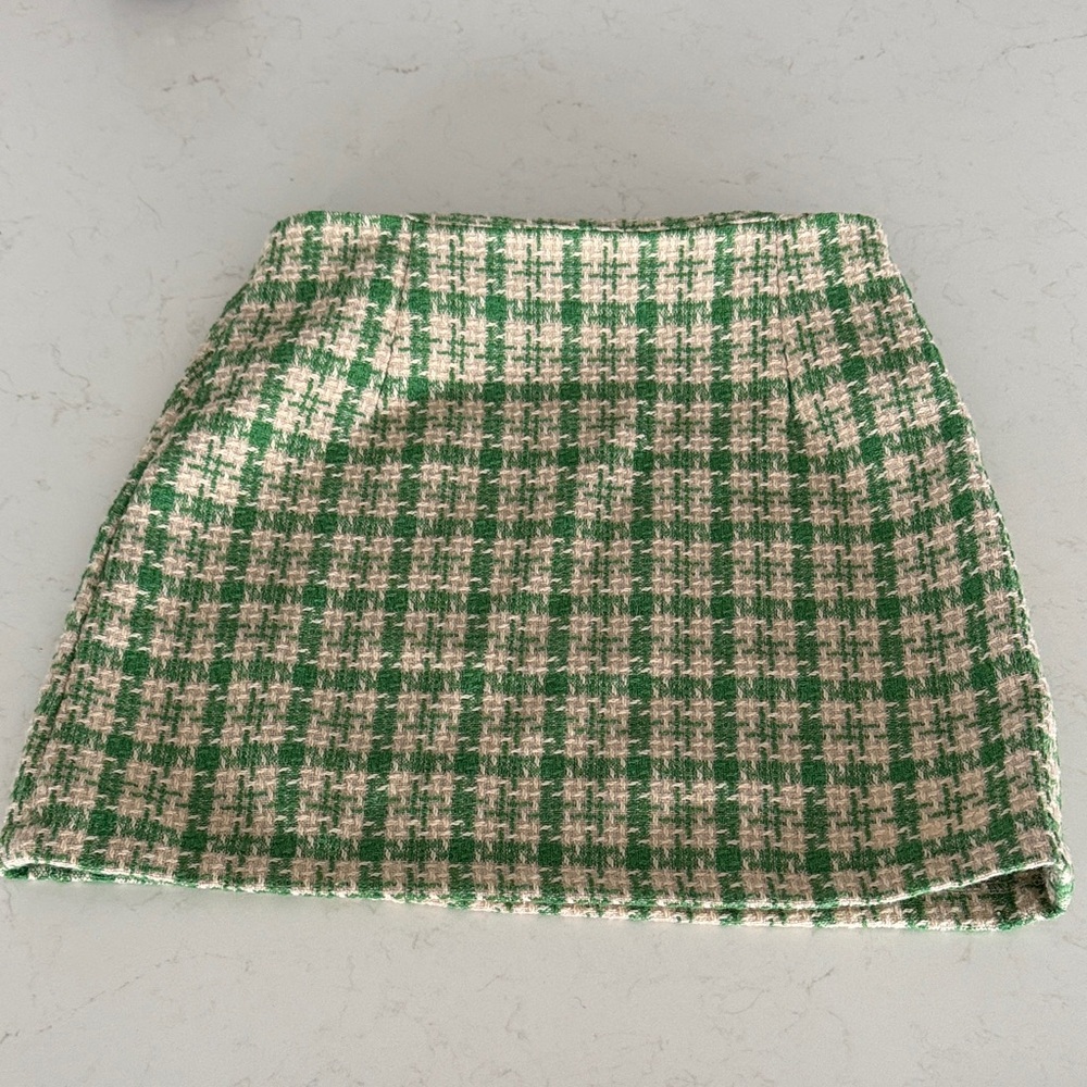 Plaid Mini Skirt in Green and Cream